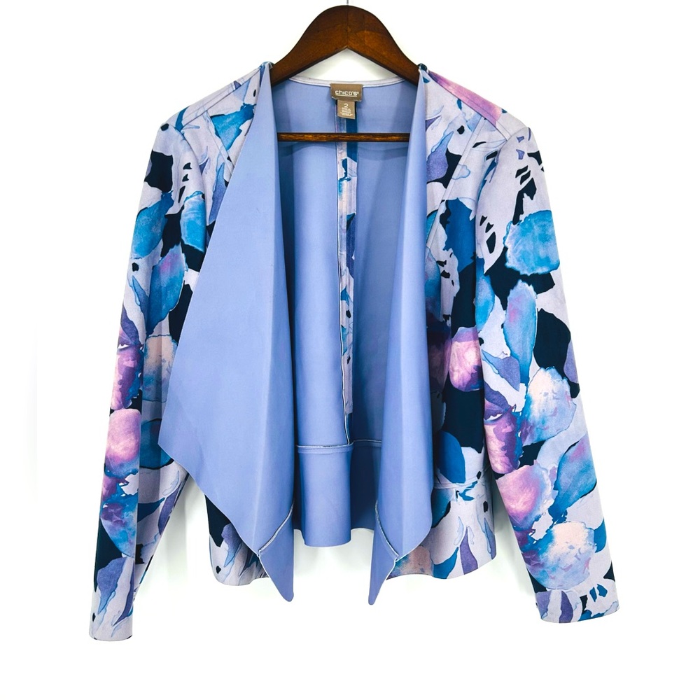 Chico’s faux suede draped multi colored floral jacket women’s size 2